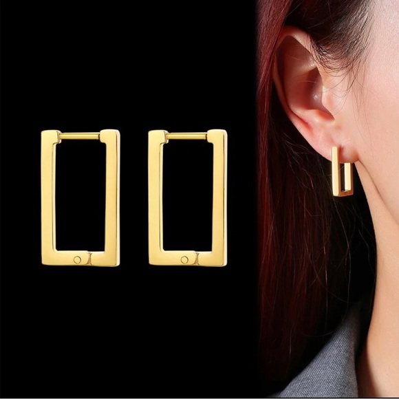 Rectangle Gold Plated Minimalist Hoop Earrings - Picture 6 of 6
